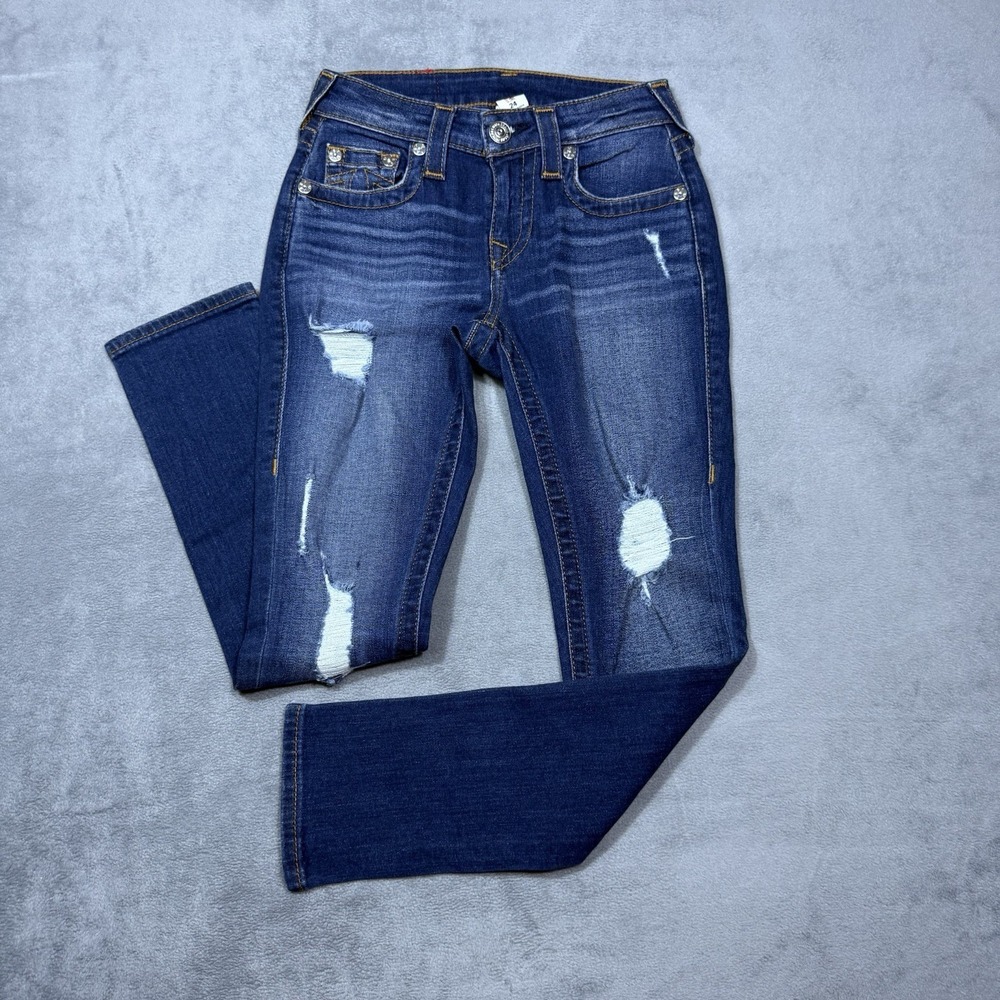 True Religion Jeans Womens 24x26 Curvy Capri Distressed World Tour USA Denim